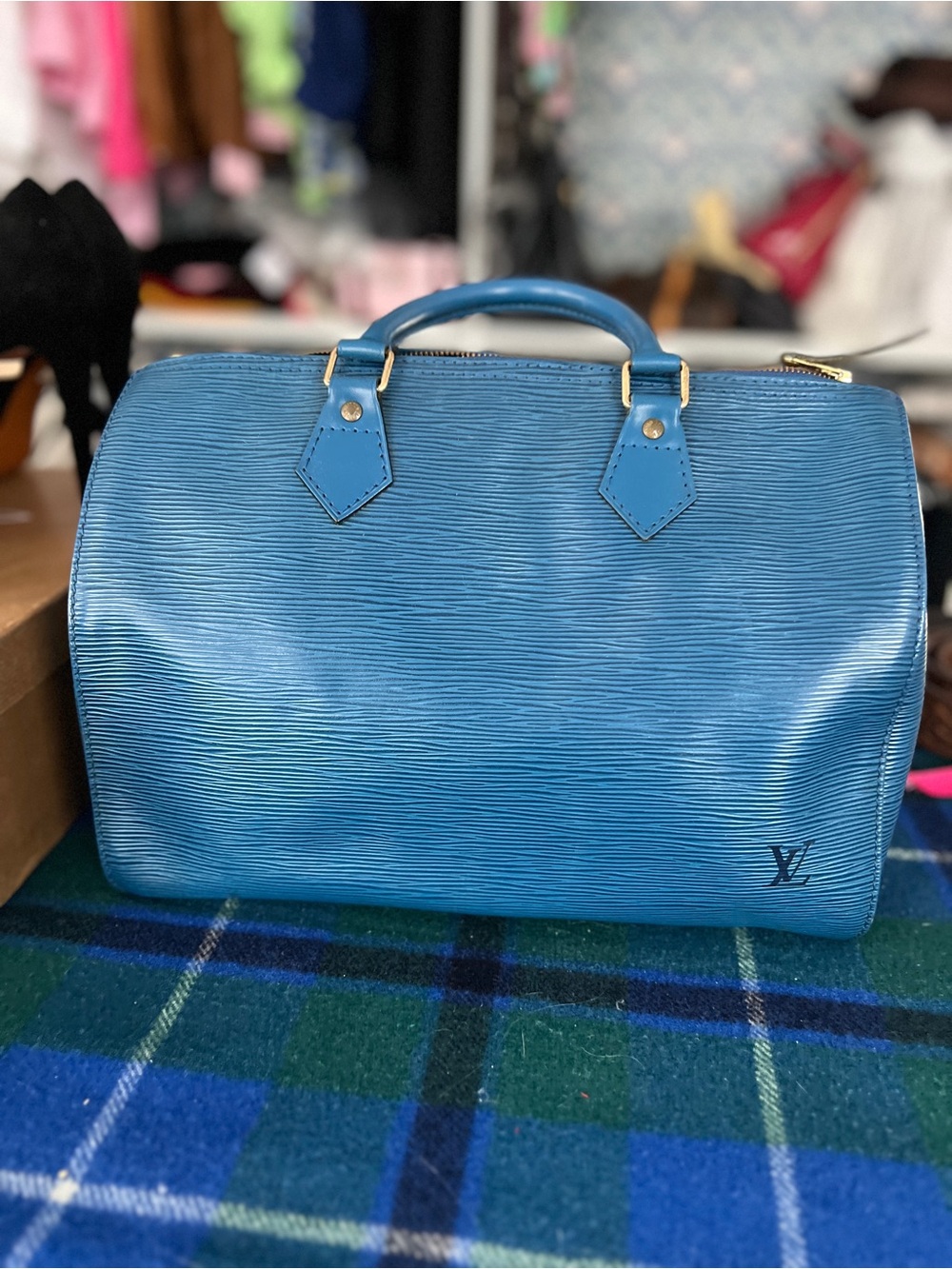 Louis Vuitton Blue Epi Leather Speedy Satchel with Gold Hardware